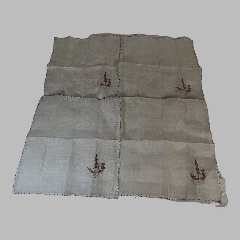 VTG Handmade Linen Cross Stitch Pirate Captain Sailing Ship Napkin Set of 4 READ